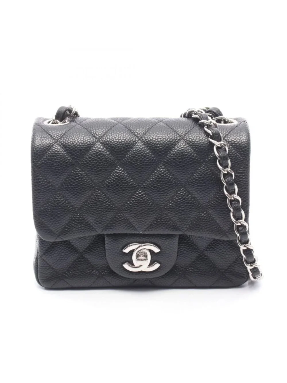 Chanel Shoulder Bag Mini Quilted Black Caviar Leather Chain